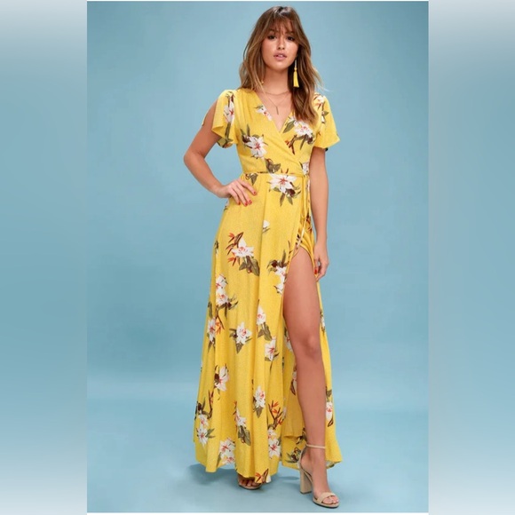 Heart of Marigold Yellow Tropical Print True Wrap Maxi Dress - Picture 13 of 16